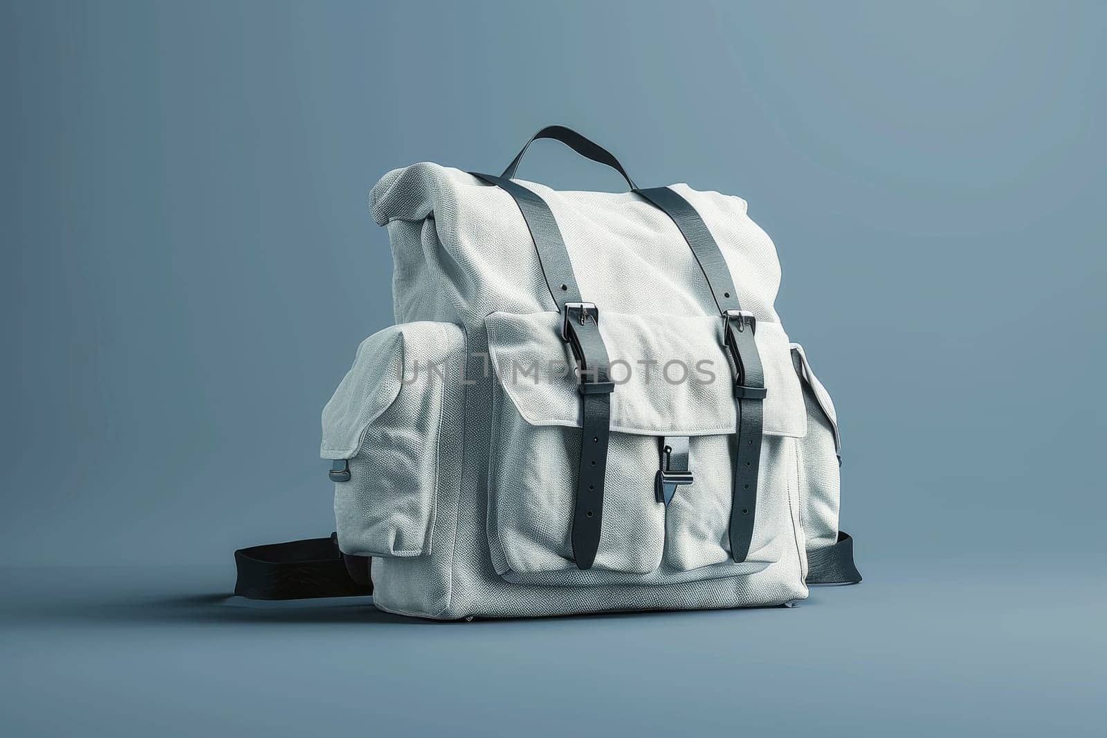 A white backpack with brown straps and a brown buckle. The straps are made of leather and the buckle is made of metal