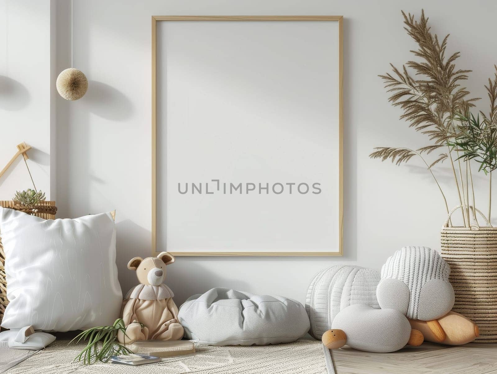 A room with a white wall and a picture frame. A blue rabbit and a pink teddy bear are sitting on chairs