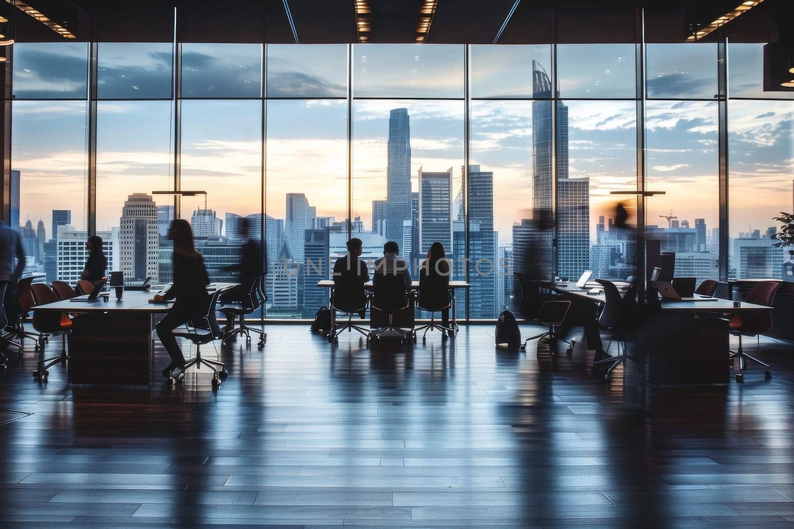 Meeting room at modern office with business people moving motion blur by itchaznong