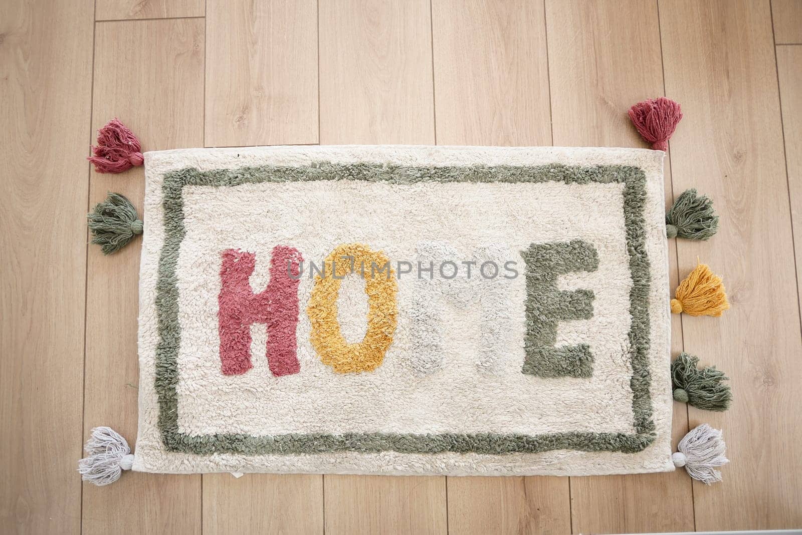 A rectangular rug with the word home written on it lays on the hardwood flooring in the hallway of the building, adding a touch of art to the space