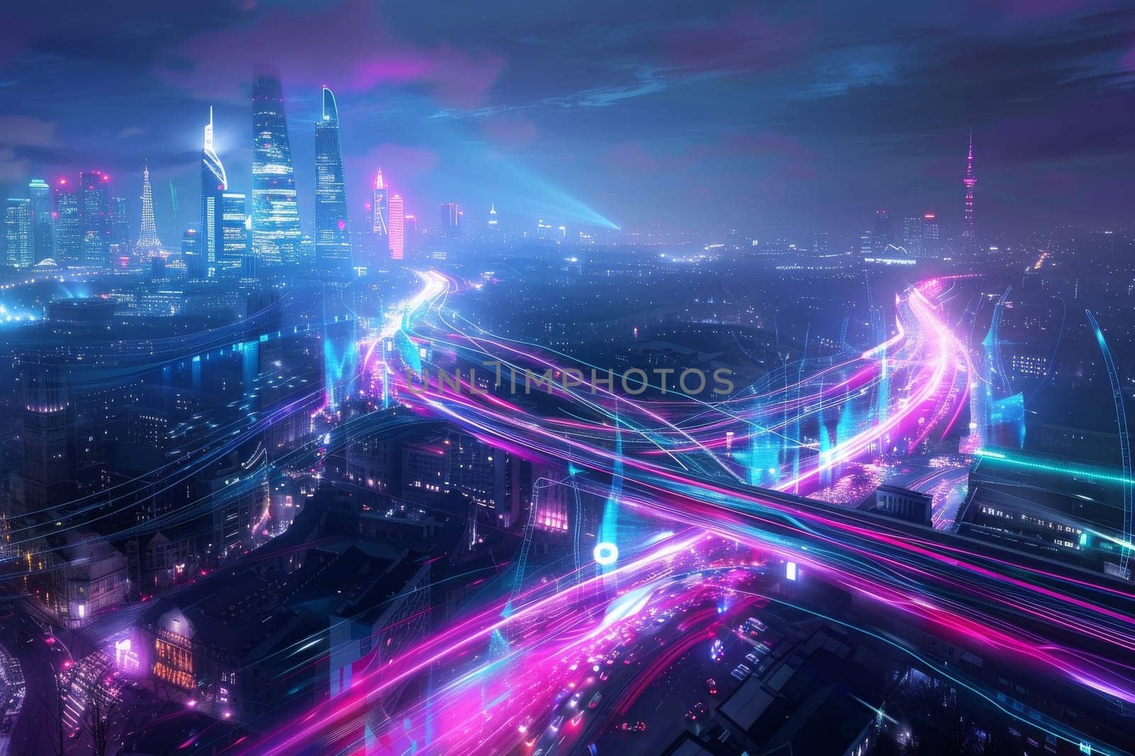 Abstract night cityscape background. Smart city, ai and digital transformation concept.