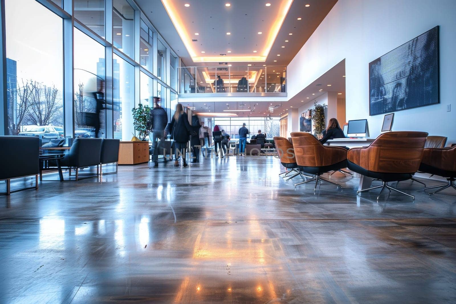 Meeting room at modern office with business people moving motion blur.