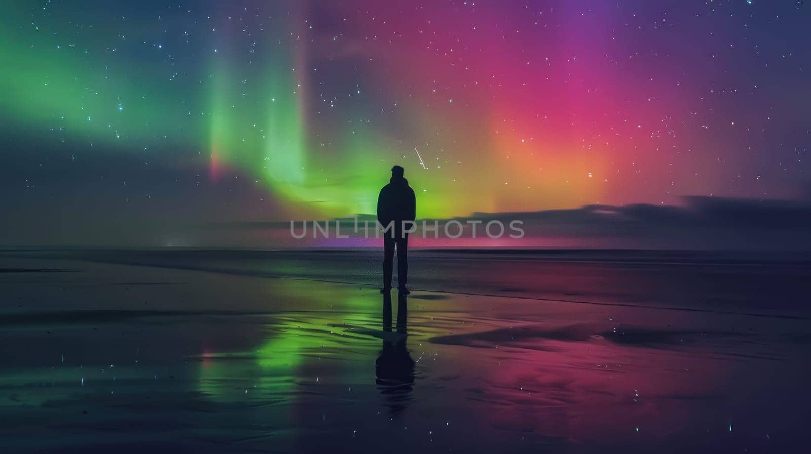 A man stands on the beach, with a colorful aurora borealis in the sky and reflections of light in the water..
