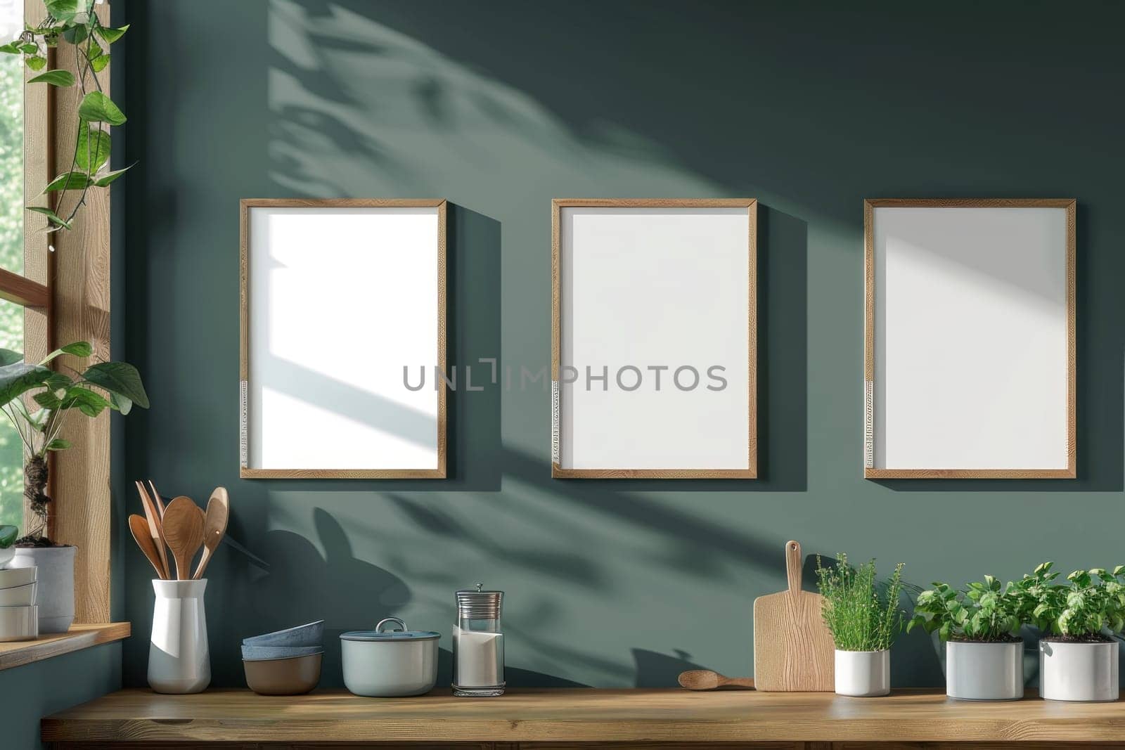 Three white framed pictures on a wall with a green background.