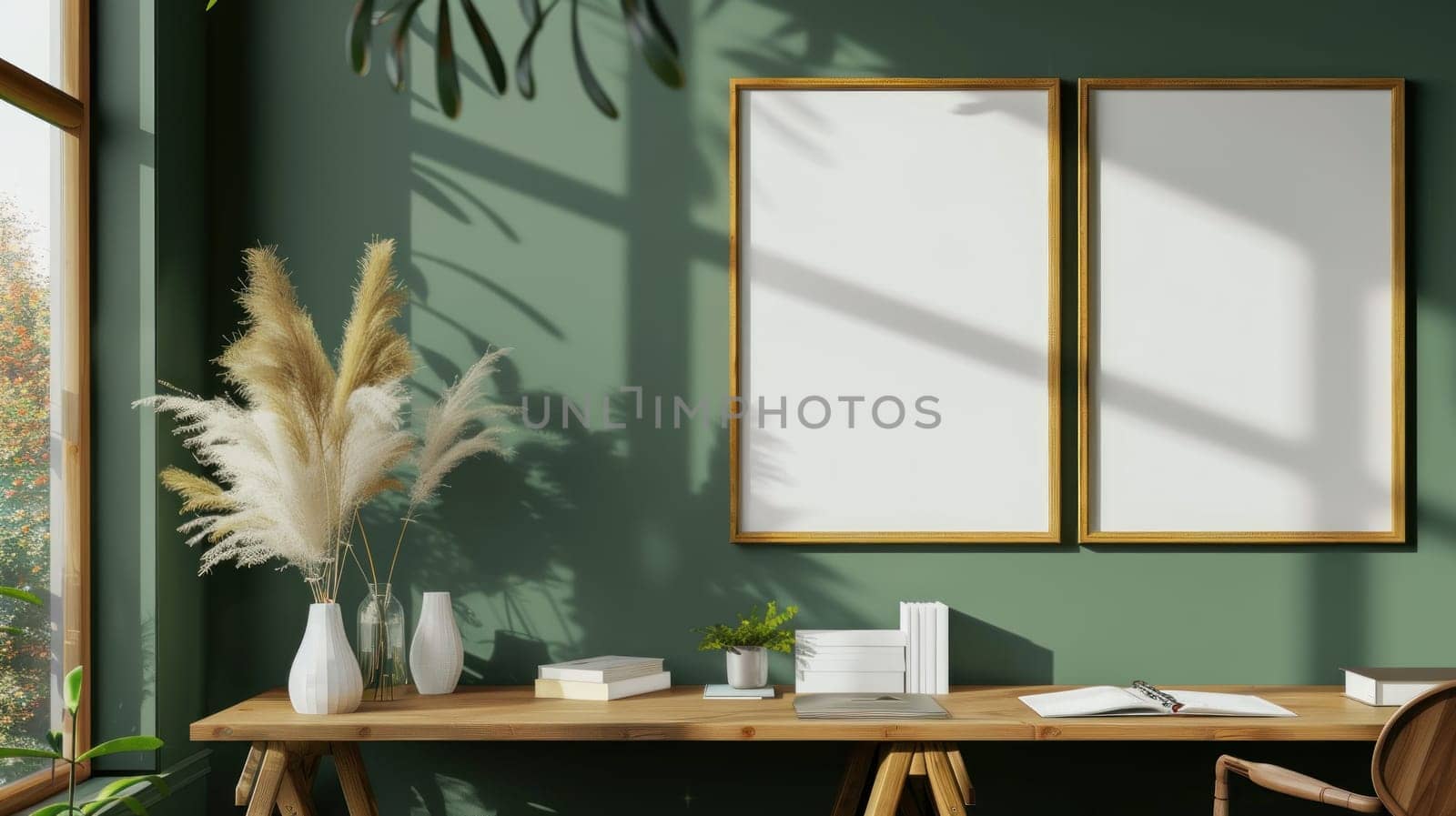 Three white framed pictures on a wall with a green background.