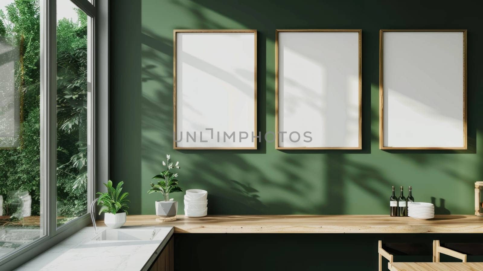 Three white framed pictures on a wall with a green background.