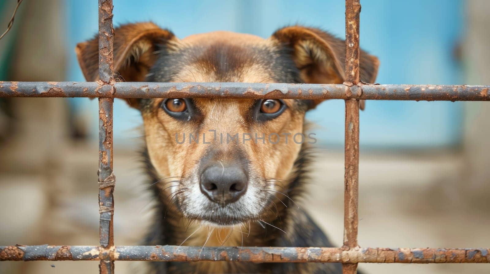 A dog is looking through a metal fence. The dog is brown and black. The fence is rusted and has a blue door