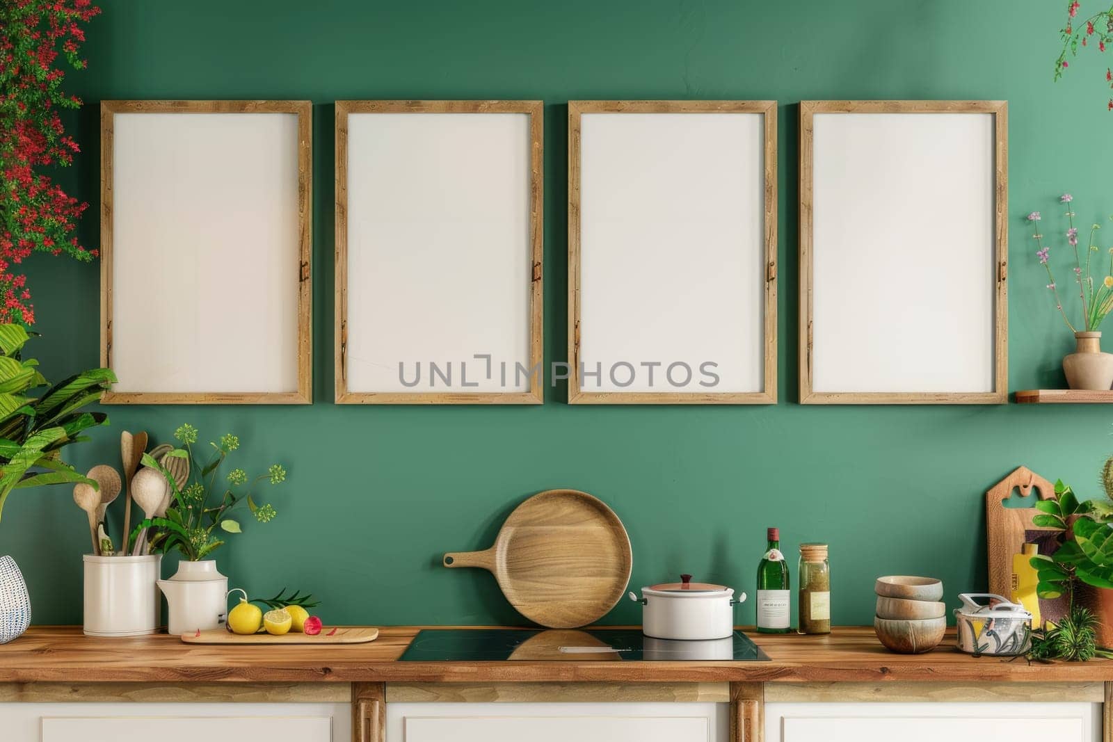 Three white framed pictures on a wall with a green background.