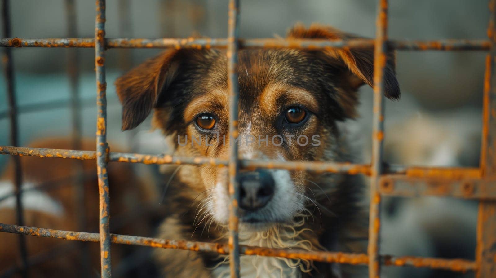 A dog is looking through a metal fence.