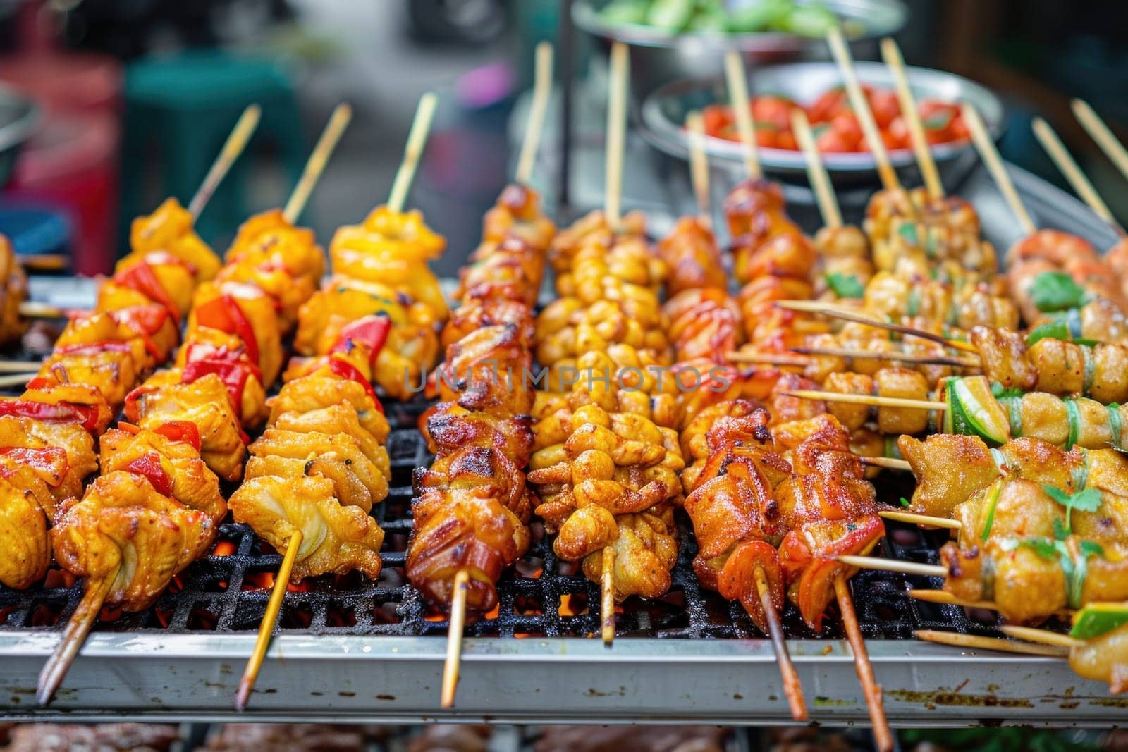 Delectable Thai street food featuring succulent meat skewers.