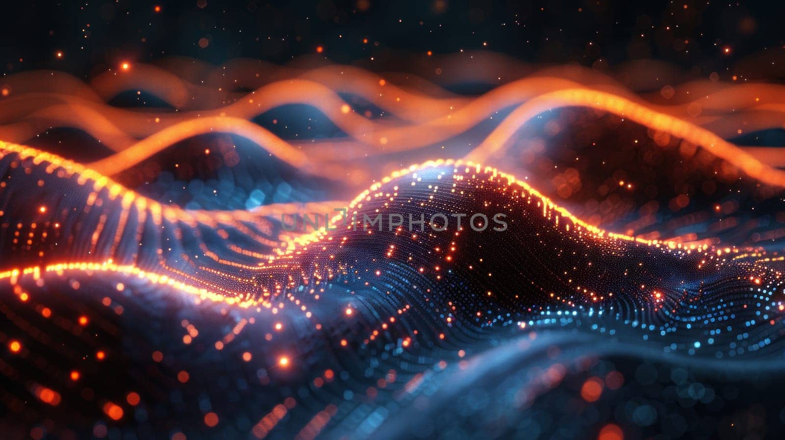 A series of orange and blue waves with a lot of sparkles.
