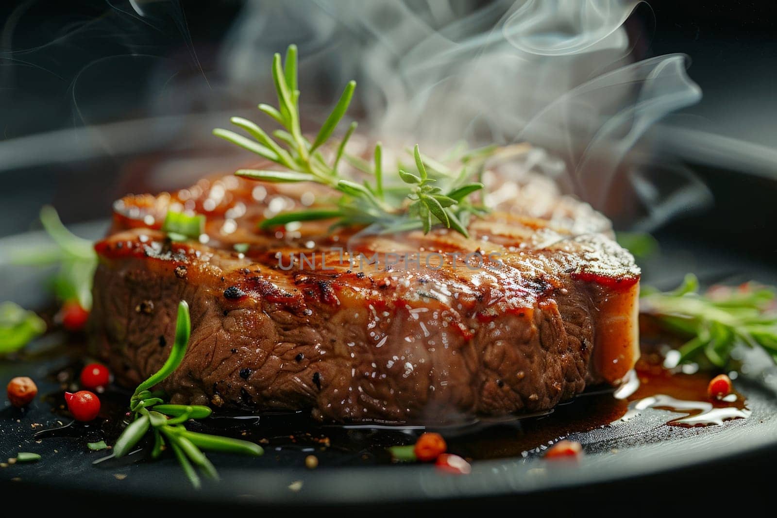 Meat Steak rare on a plate with vegetables . Generative Ai.