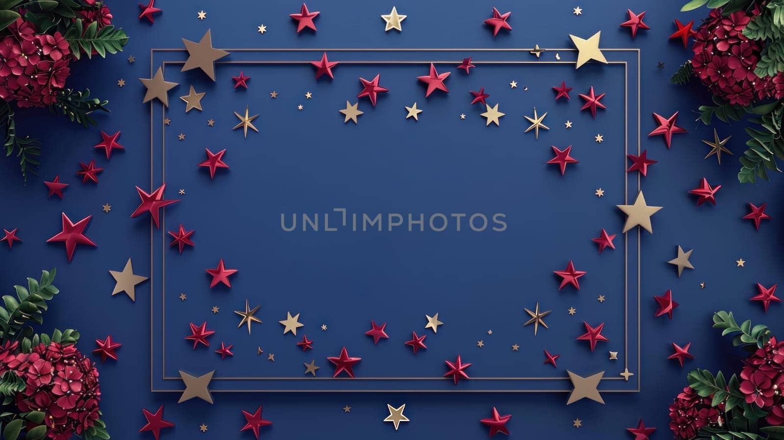 The 4th of July Independence Day is celebrated with a banner of stars and flags.