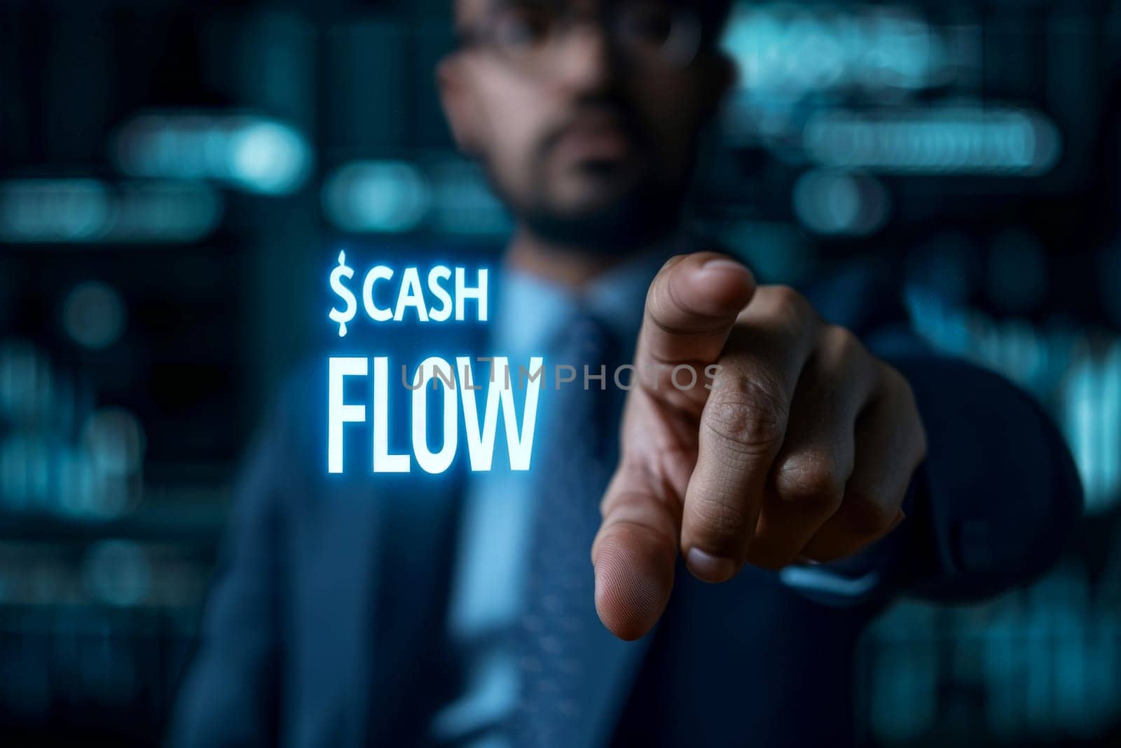 cash flow finance which A businessman in a dark blue suit points at cash flow notification sign . Generative AI. by matamnad