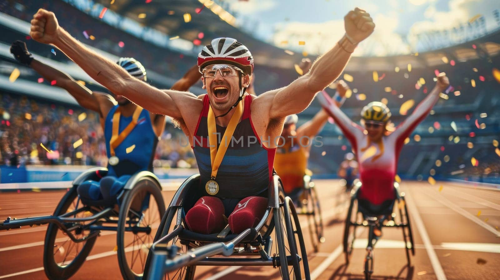 A group of Paralympic athletes in wheelchairs celebrating on a track.