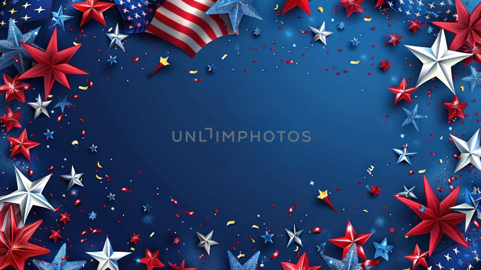 The 4th of July Independence Day is celebrated with a banner of stars and flags.