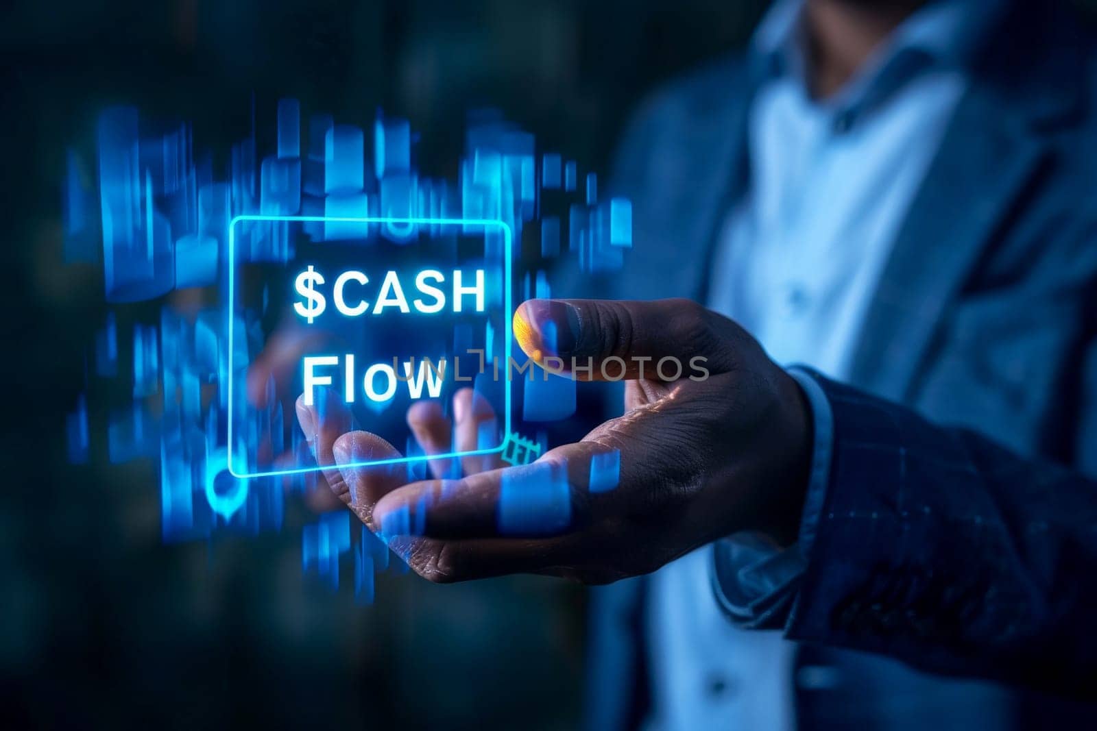 cash flow finance which A businessman in a dark blue suit points at cash flow notification sign . Generative AI. by matamnad