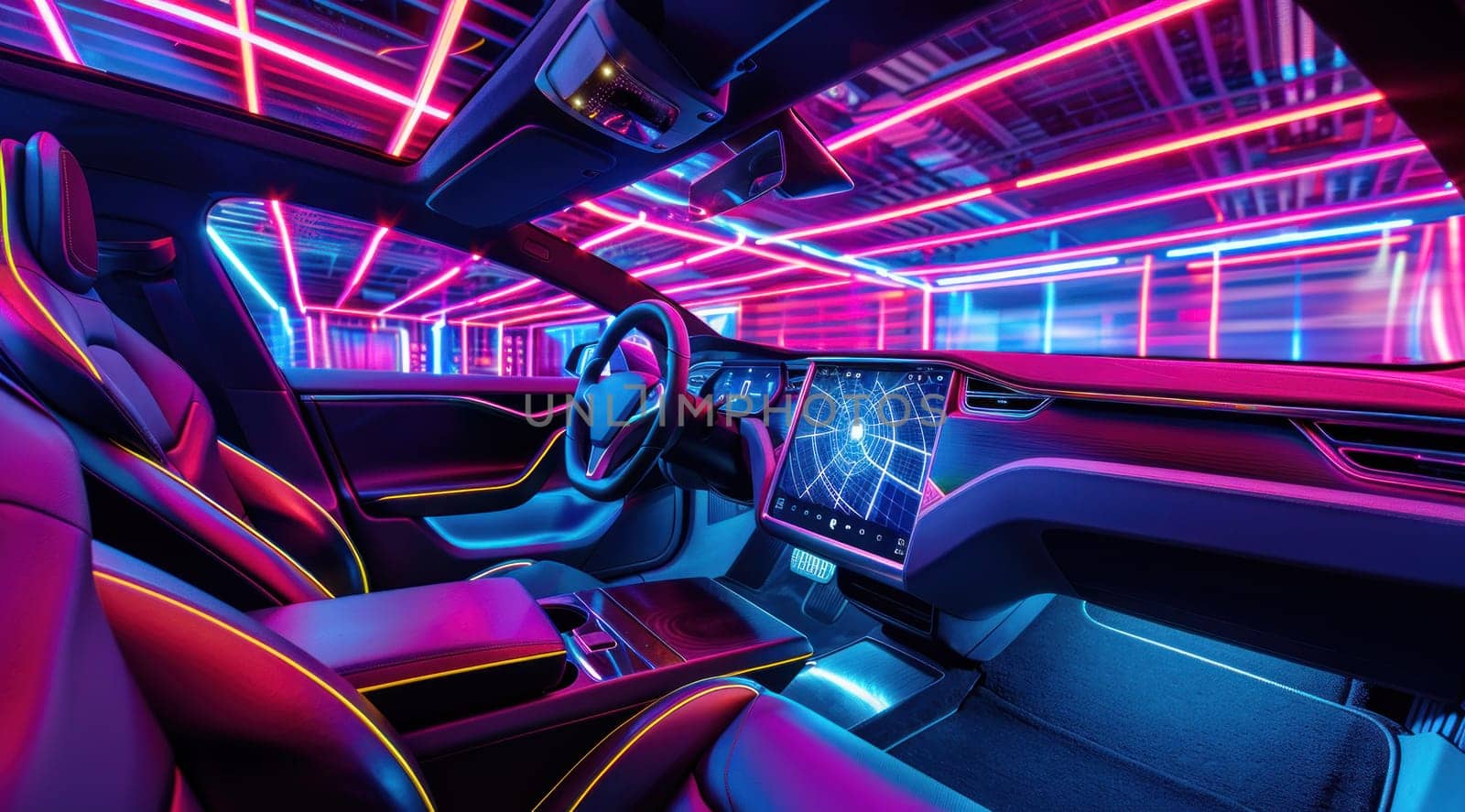 Vibrant interior of an electric car with a holographic touchscreen and neon lighting.