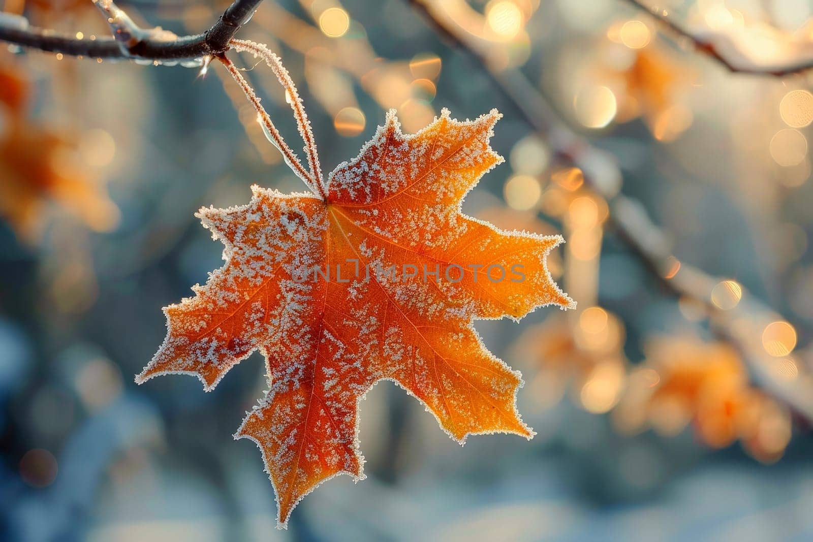 Frosty Morning on maple Leaf with frost in late autumn or early winter. Generated AI..