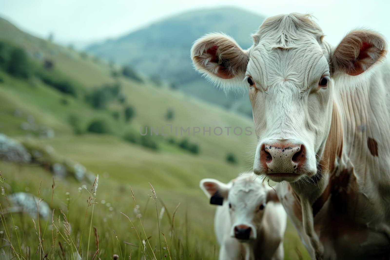 a cow and calf grazing. Farm animals on landscape background . AI Generated.