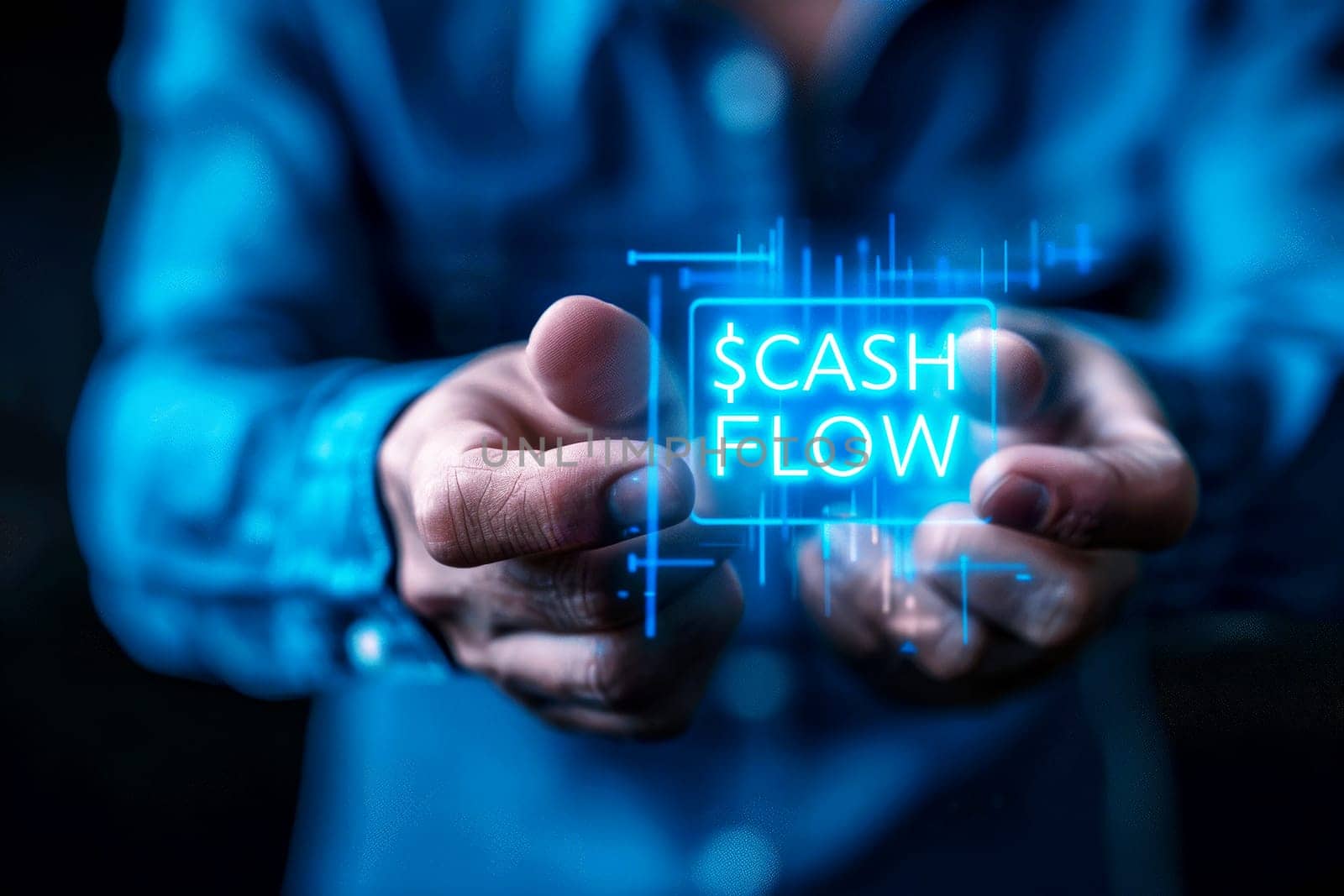 cash flow finance which A businessman in a dark blue suit points at cash flow notification sign . Generative AI. by matamnad