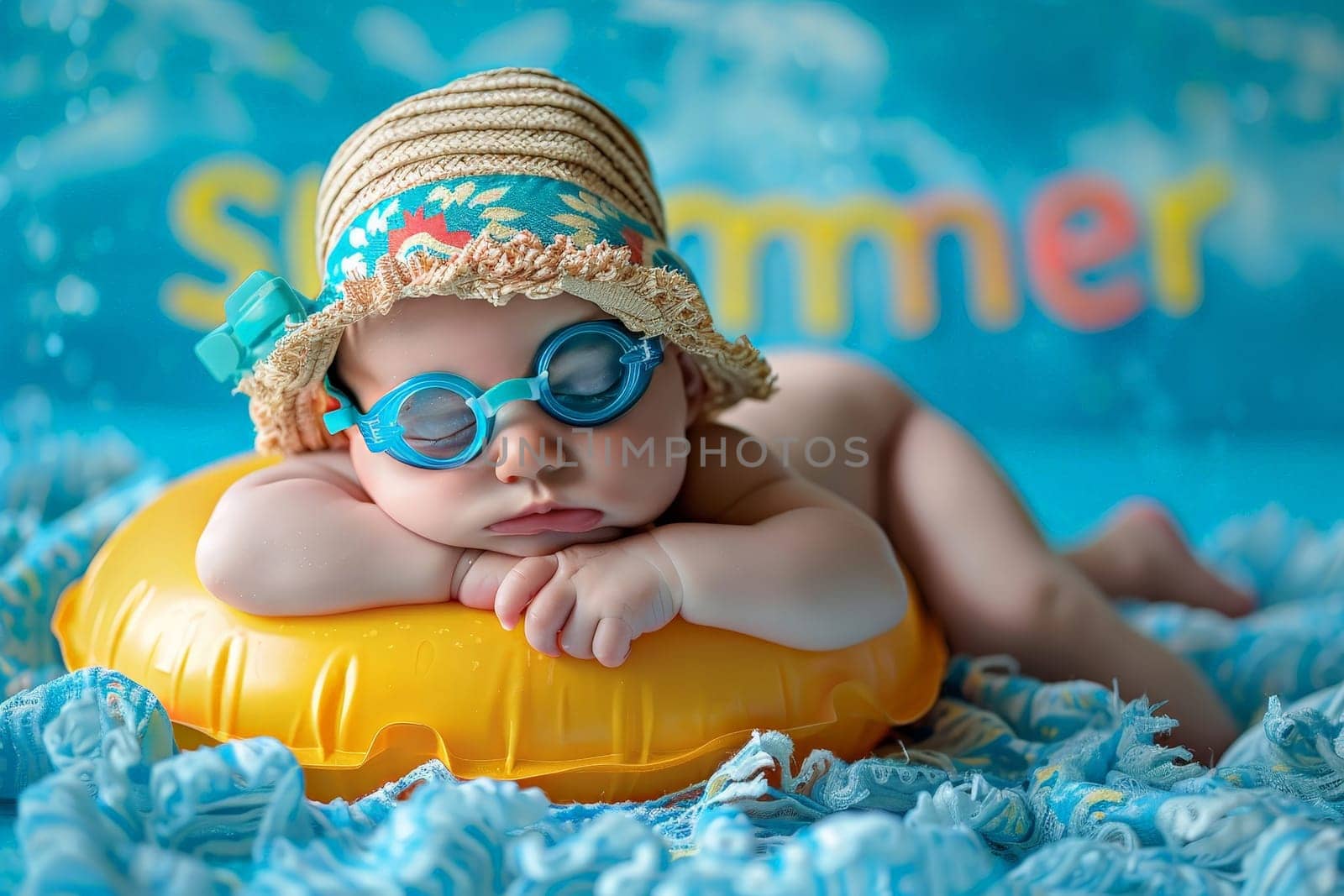 summer vacation concept . Happy baby playing in swimming ring . Generative Ai.