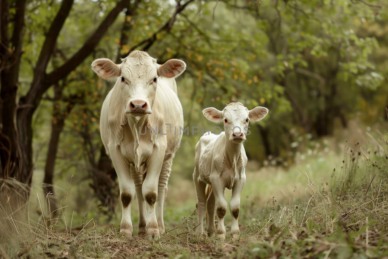 a cow and calf grazing. Farm animals on landscape background . AI Generated.