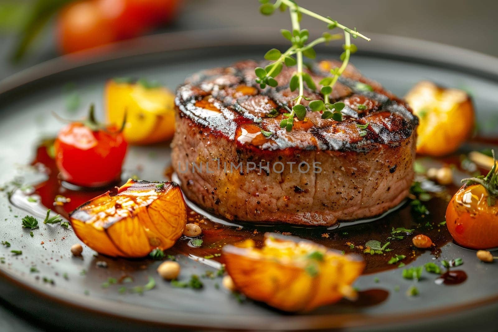 Meat Steak rare on a plate with vegetables . Generative Ai.