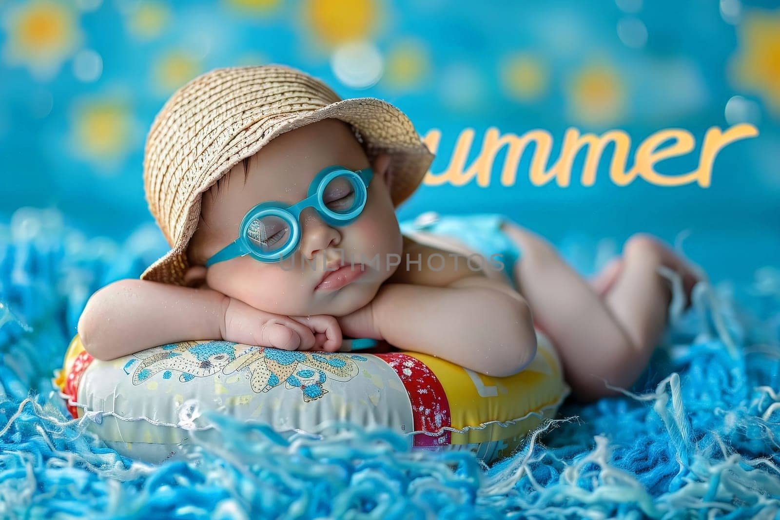 summer vacation concept . Happy baby playing in swimming ring . Generative Ai.