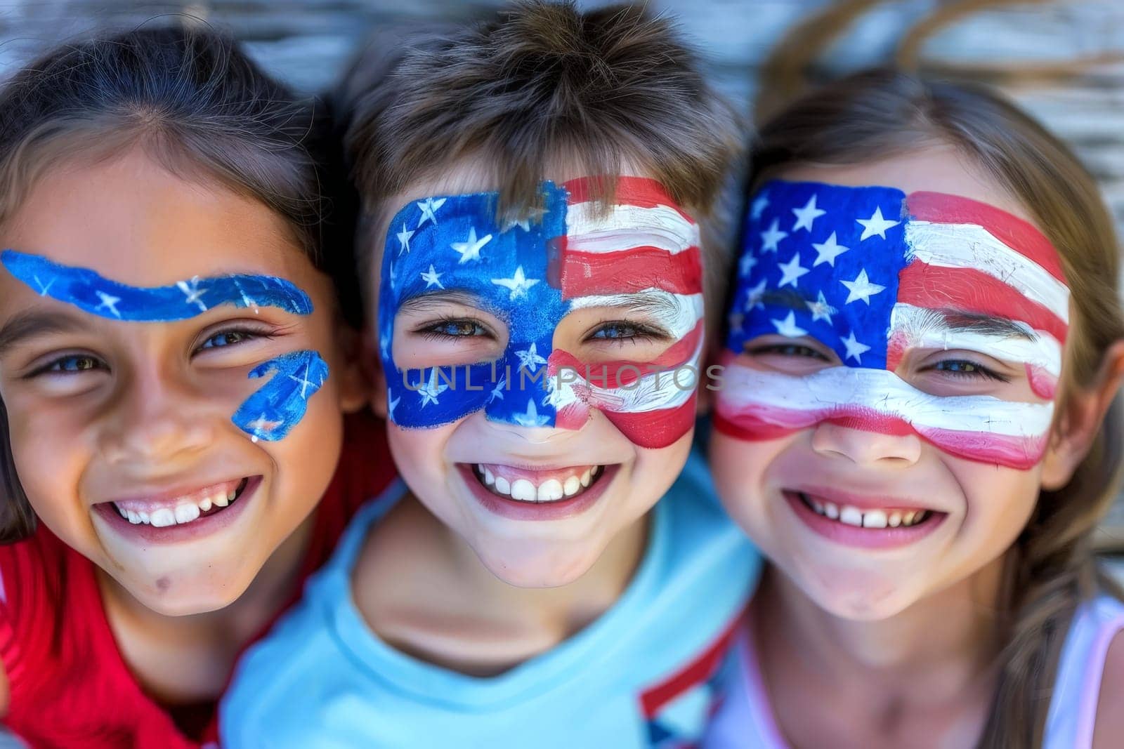 Happy children celebrating independence day with a face painted in the colors of the American flag. Generative AI.