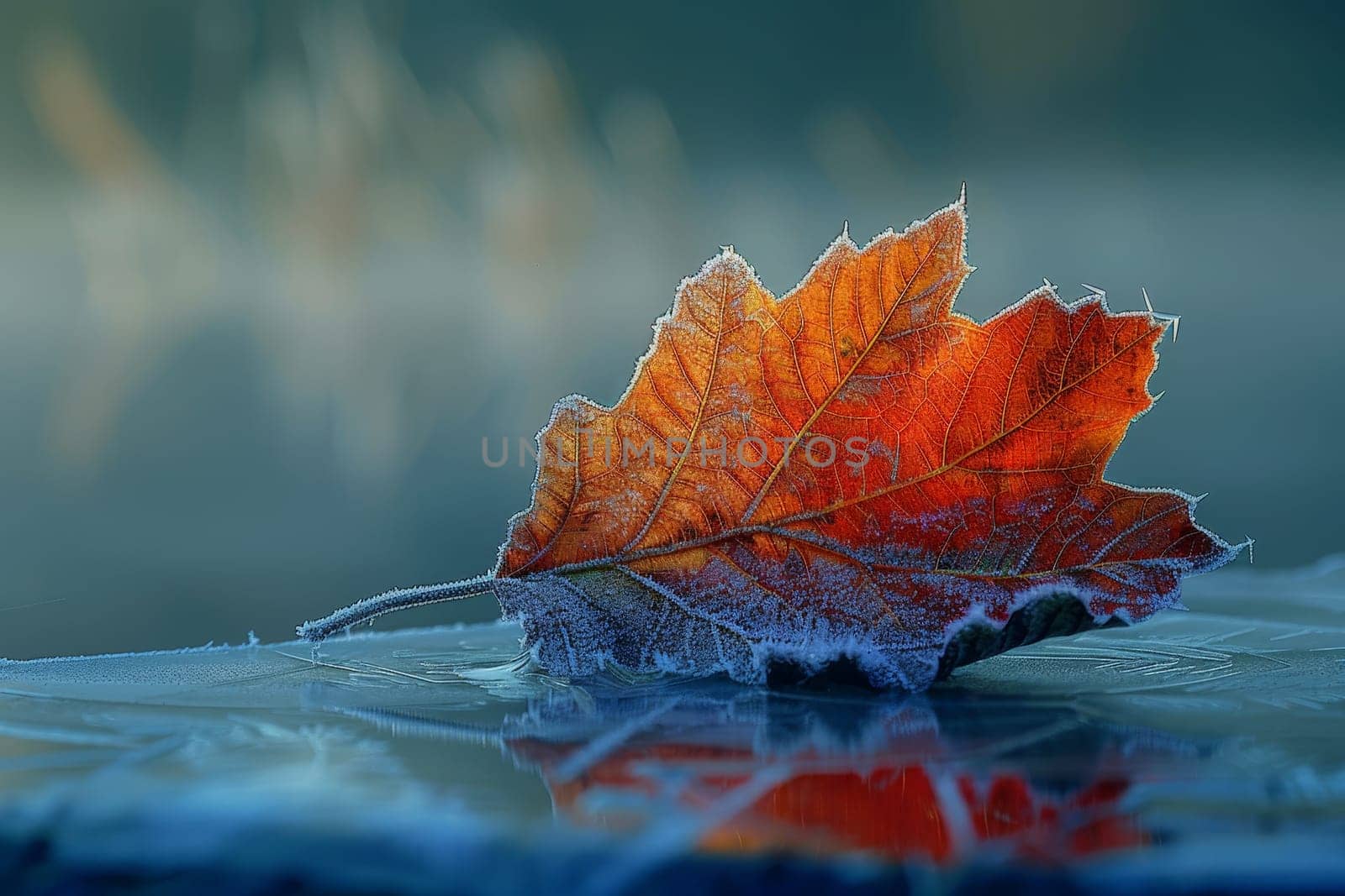Frosty Morning on maple Leaf with frost in late autumn or early winter. Generated AI..