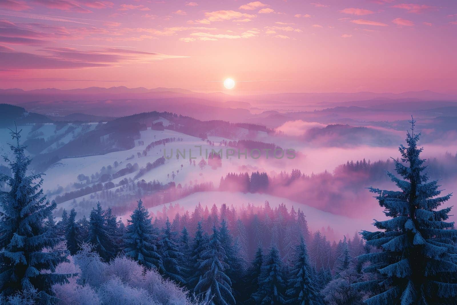Winter landscape with hoarfrost-covered trees and a misty sunrise.ai generative.