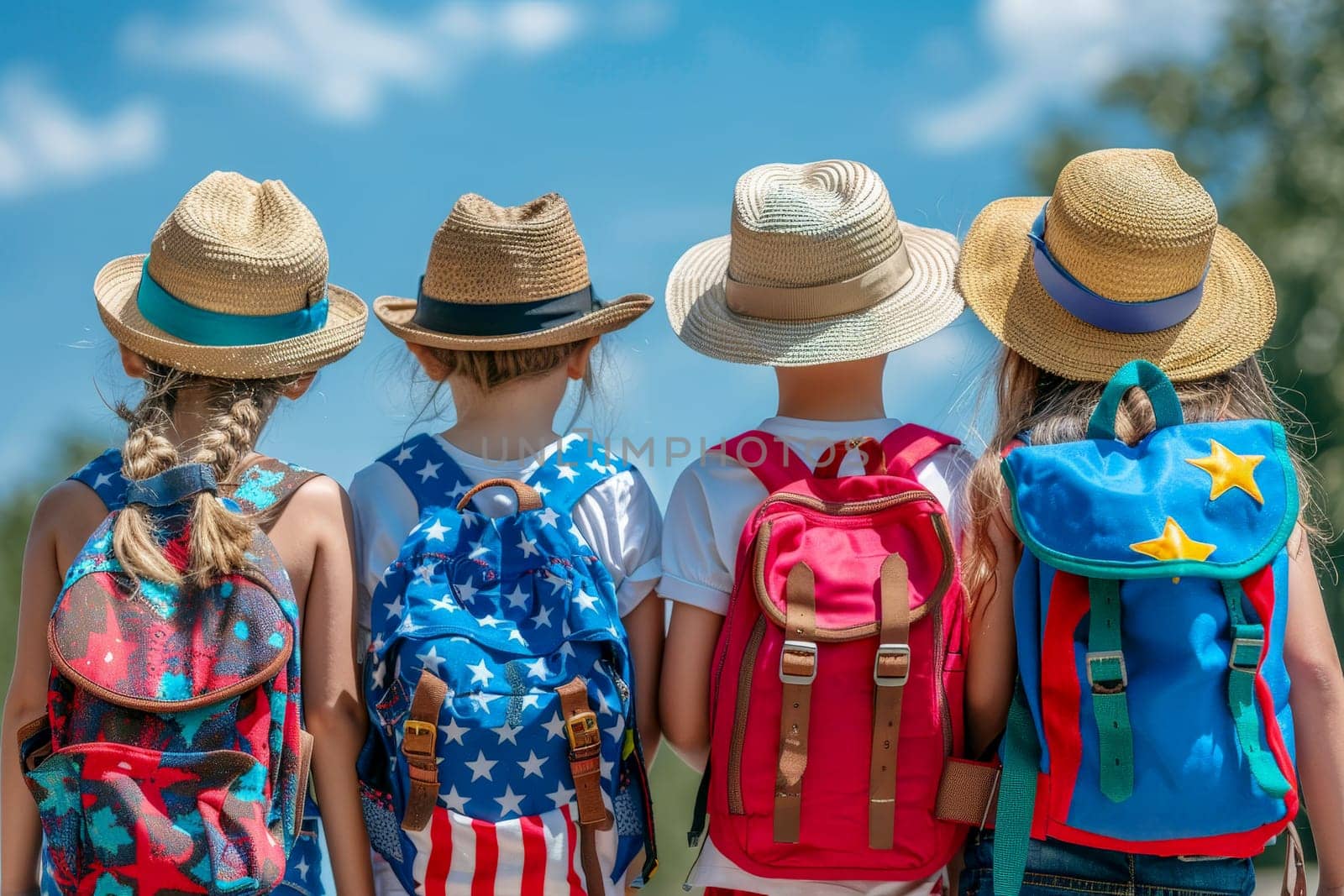 Back view of kids with backpacks and hats travel on summer vocation . ai generative by matamnad