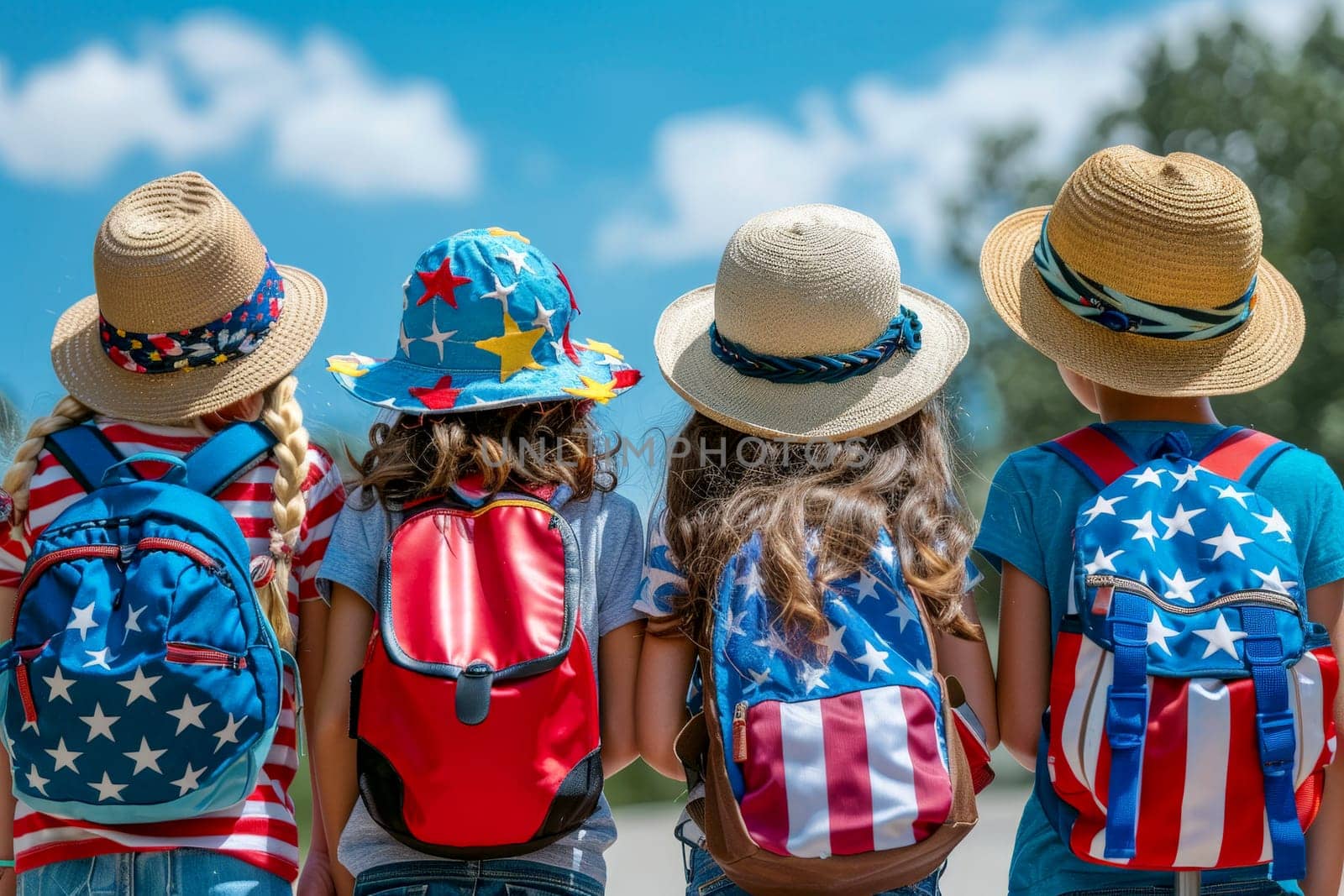 Back view of kids with backpacks and hats travel on summer vocation . ai generative.