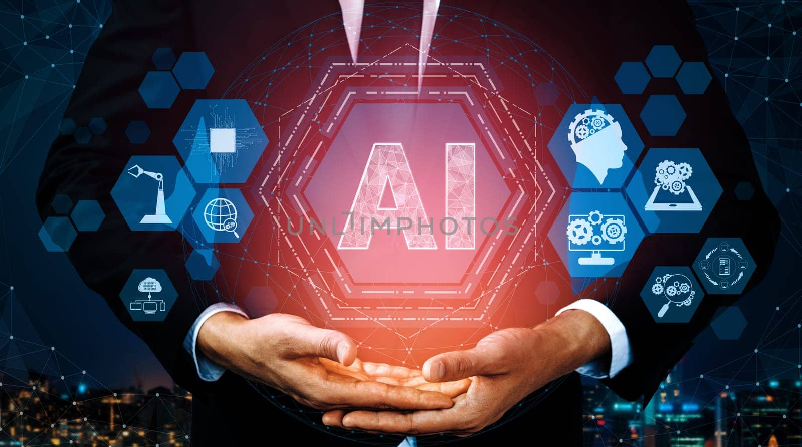 AI Learning and Artificial Intelligence Concept - Icon Graphic Interface showing computer, machine thinking and AI Artificial Intelligence of Digital Robotic Devices. uds