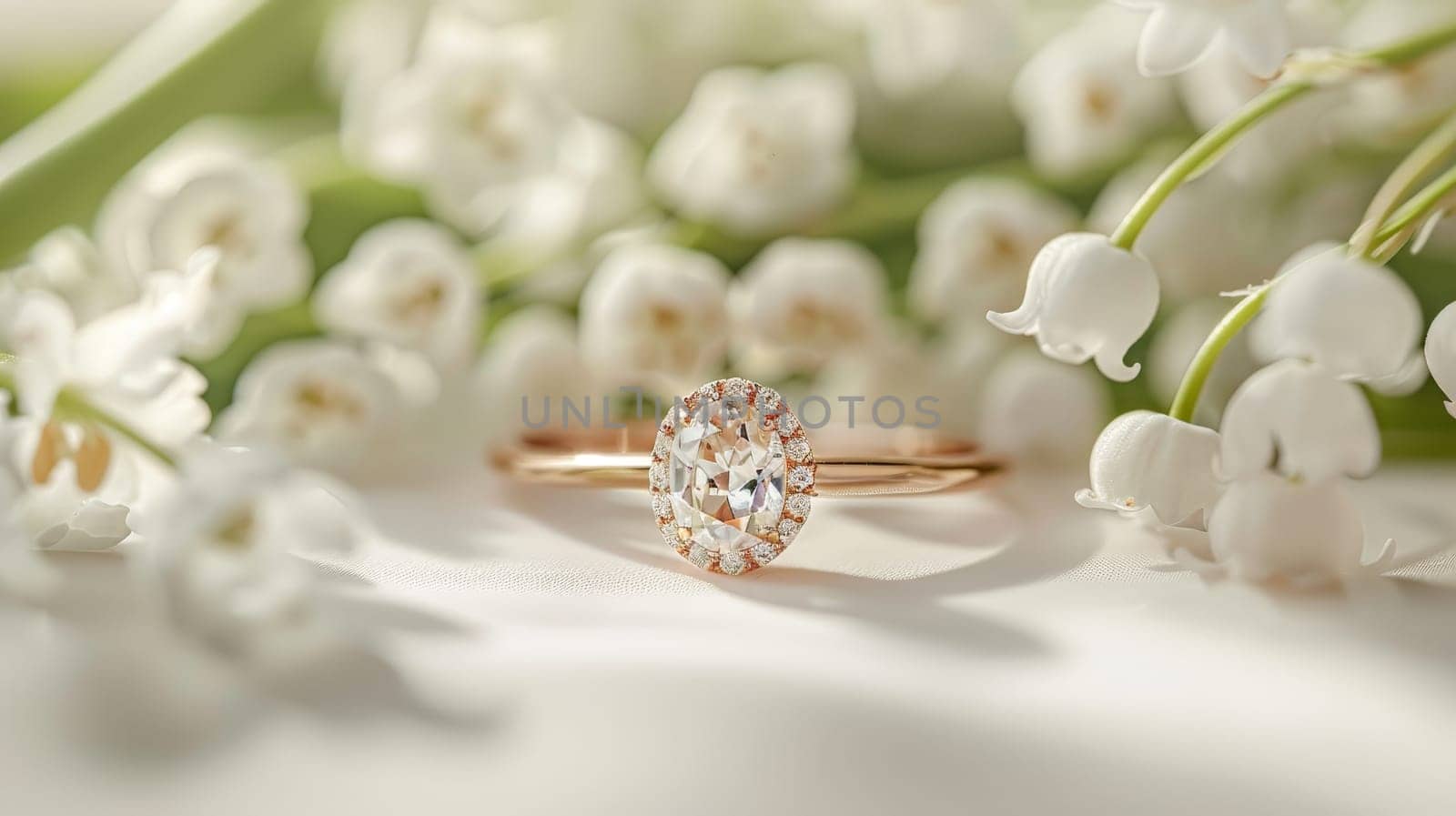 A ring with a white stone and gold band is set on a table with flowers by nijieimu