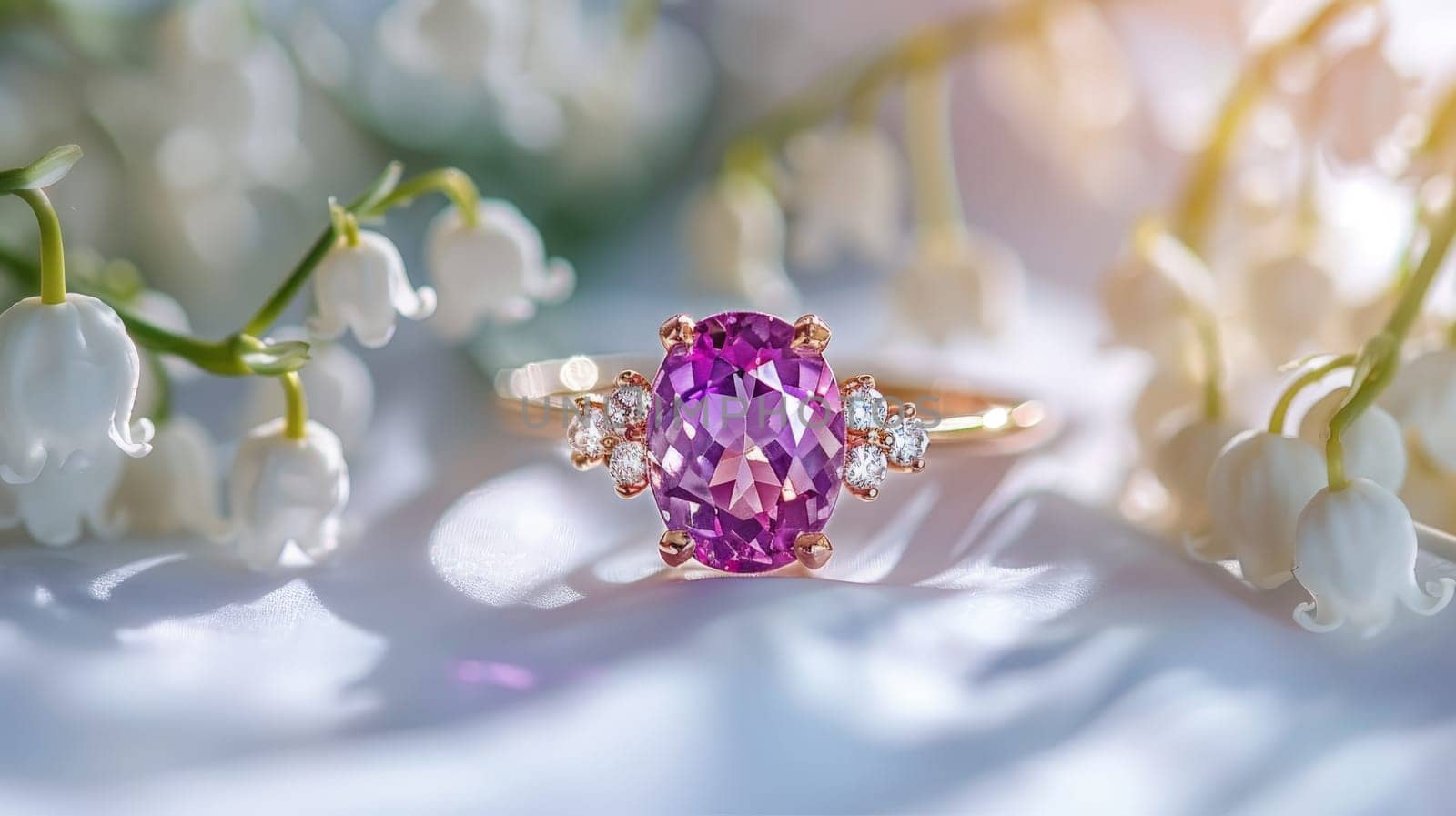 A ring with a pink stone and diamonds is set in a field of white flowers. The ring is surrounded by the flowers, creating a romantic and natural setting