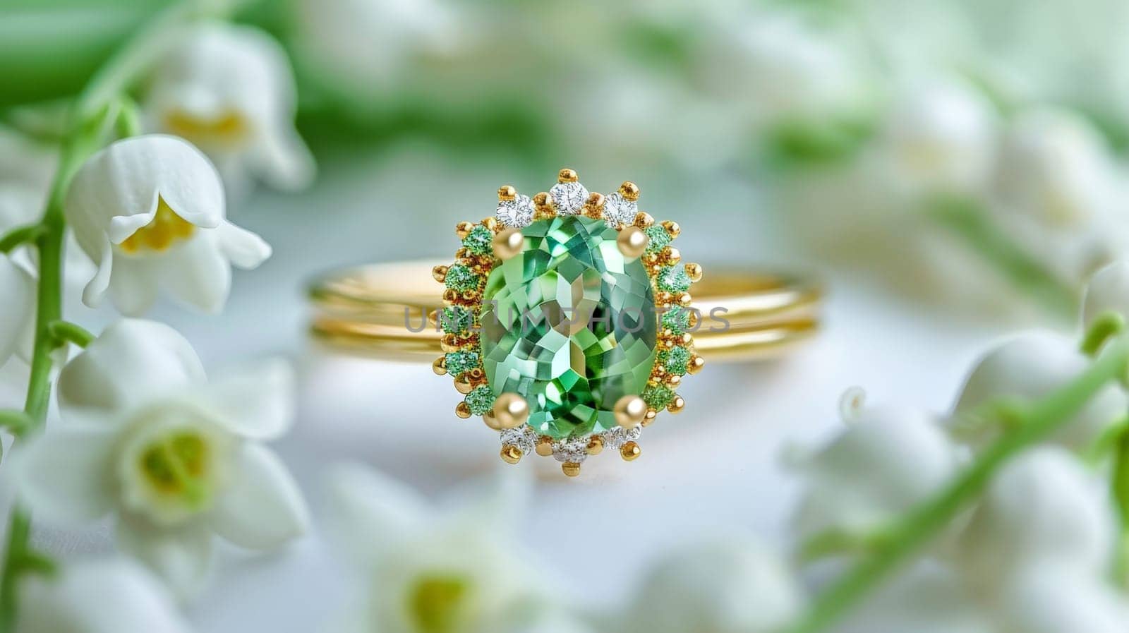 A green and white ring with a diamond and a green stone. The ring is set in gold and is surrounded by white flowers