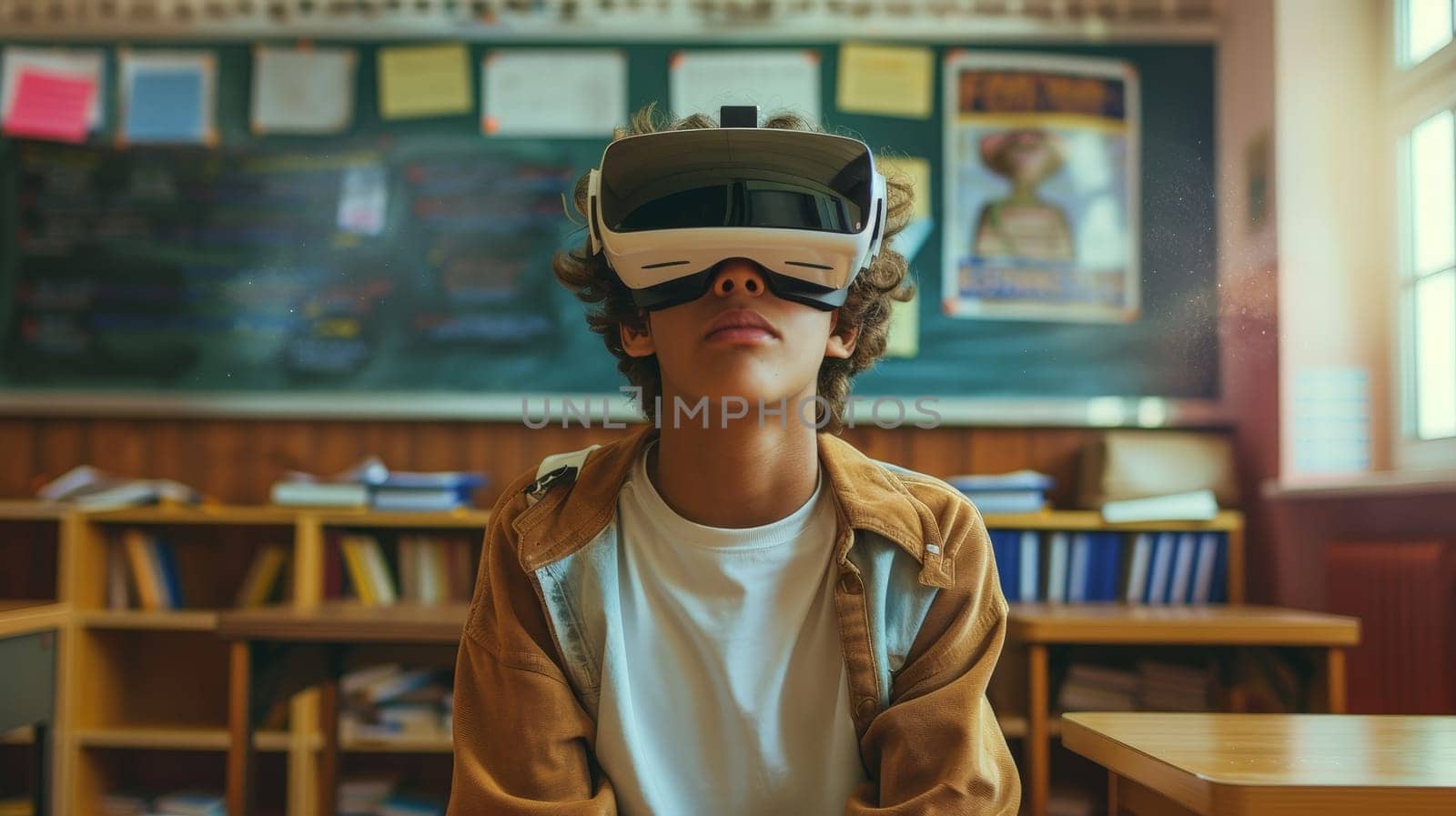 A young high school student sitting in a classroom with virtual reality goggles, Contemplative atmosphere.