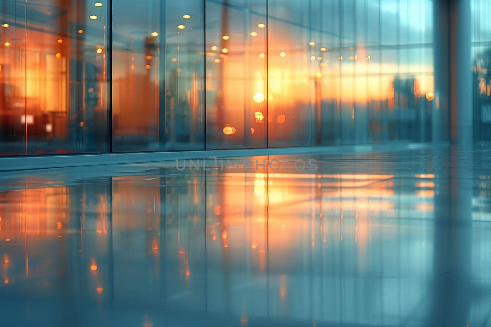 Blurred office interior background with panoramic windows and light from the window, Beautiful office interior blurred background.