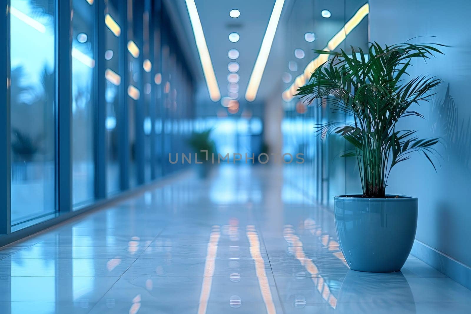 Blurred office interior background with panoramic windows and light from the window, Beautiful office interior blurred background.