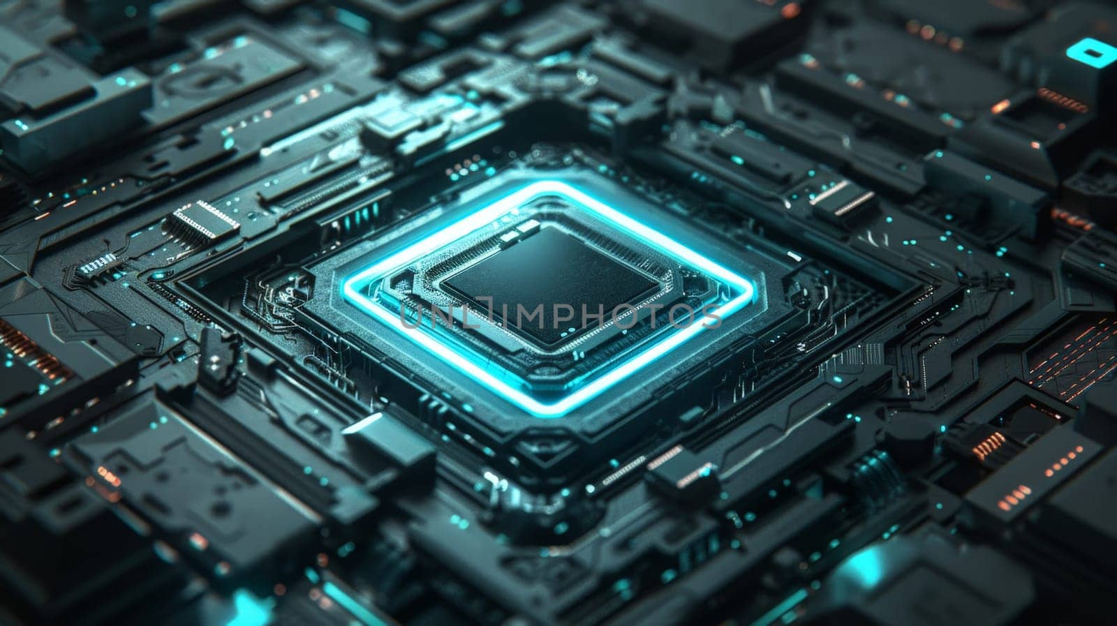 A high-tech chip surrounded by glowing blue light and metallic textures, Central Computer Processors CPU concept.