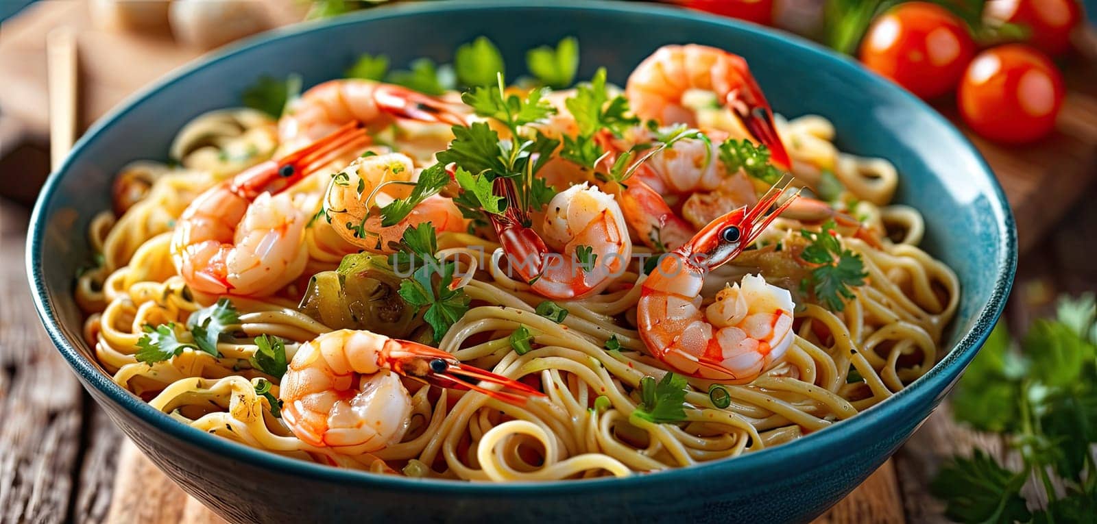 Noodles, shrimp, dinner in bowl, traditional cuisine served, indoor lighting highlights steam