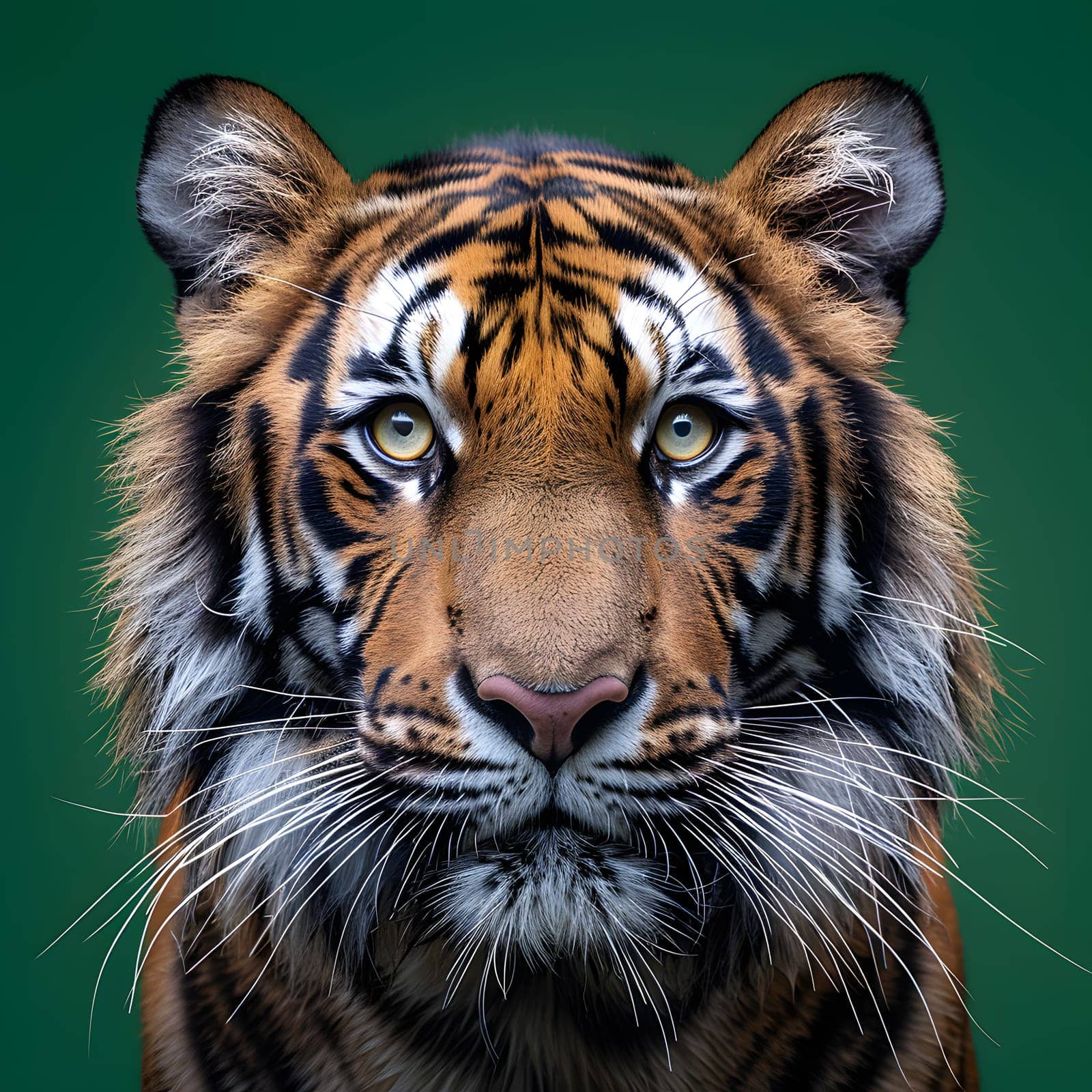 A closeup of a Siberian tigers face with distinctive whiskers against a lush green background. Tigers are carnivorous big cats in the Felidae family, known for their majestic appearance in nature