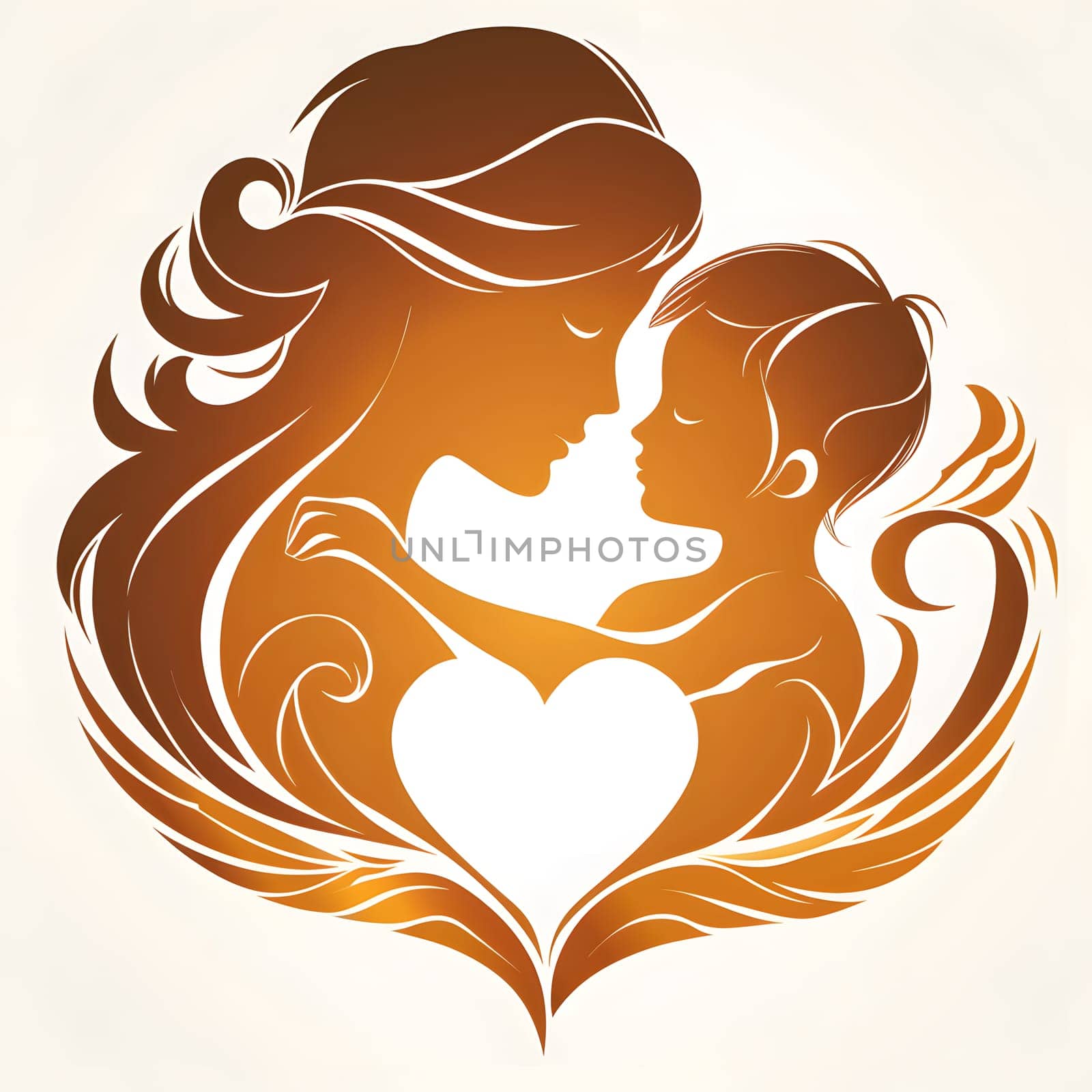 An illustration in a stylish fashion accessory pattern featuring a silhouette of a woman with flowing hair, holding a baby in her arms, with a peachcolored background