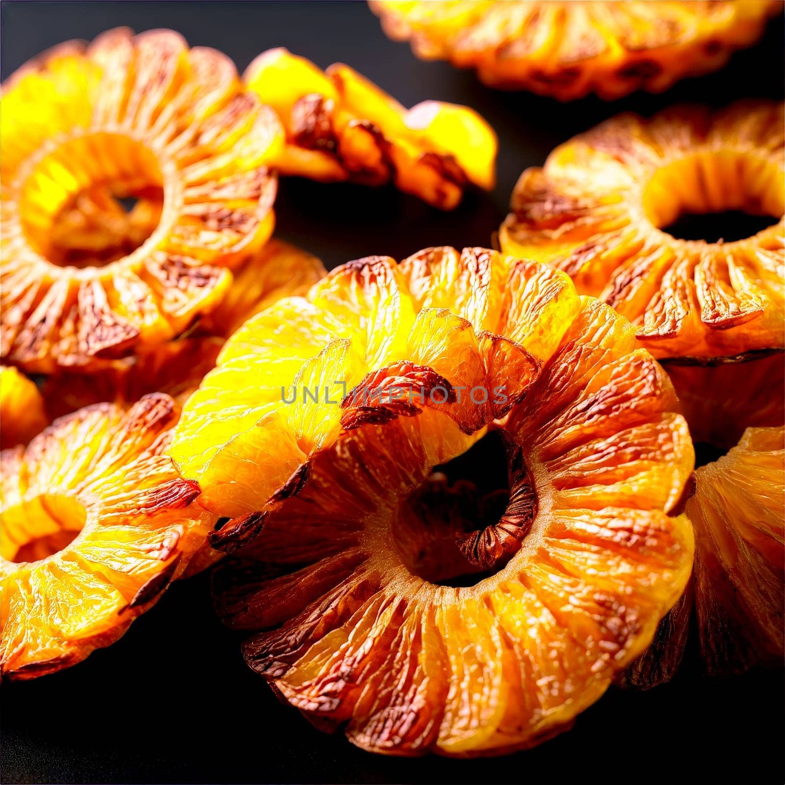 Dried pineapple rings golden yellow with a hint of caramelization spinning in a perfect spiral. Food isolated on transparent background.