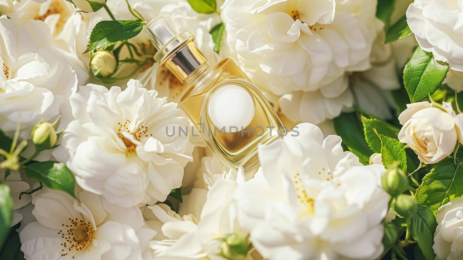 Perfume bottle with beautiful flowers. Floral background. Beauty concept. Flat lay, top view.