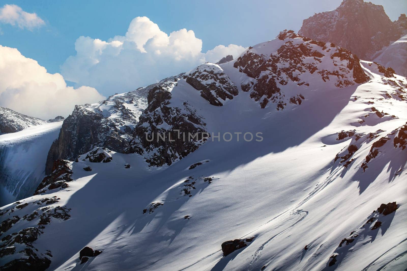 Beautiful amazing landscape of snowy mountains in central Asia in the Tian Shan mountains in Kazakhstan.
