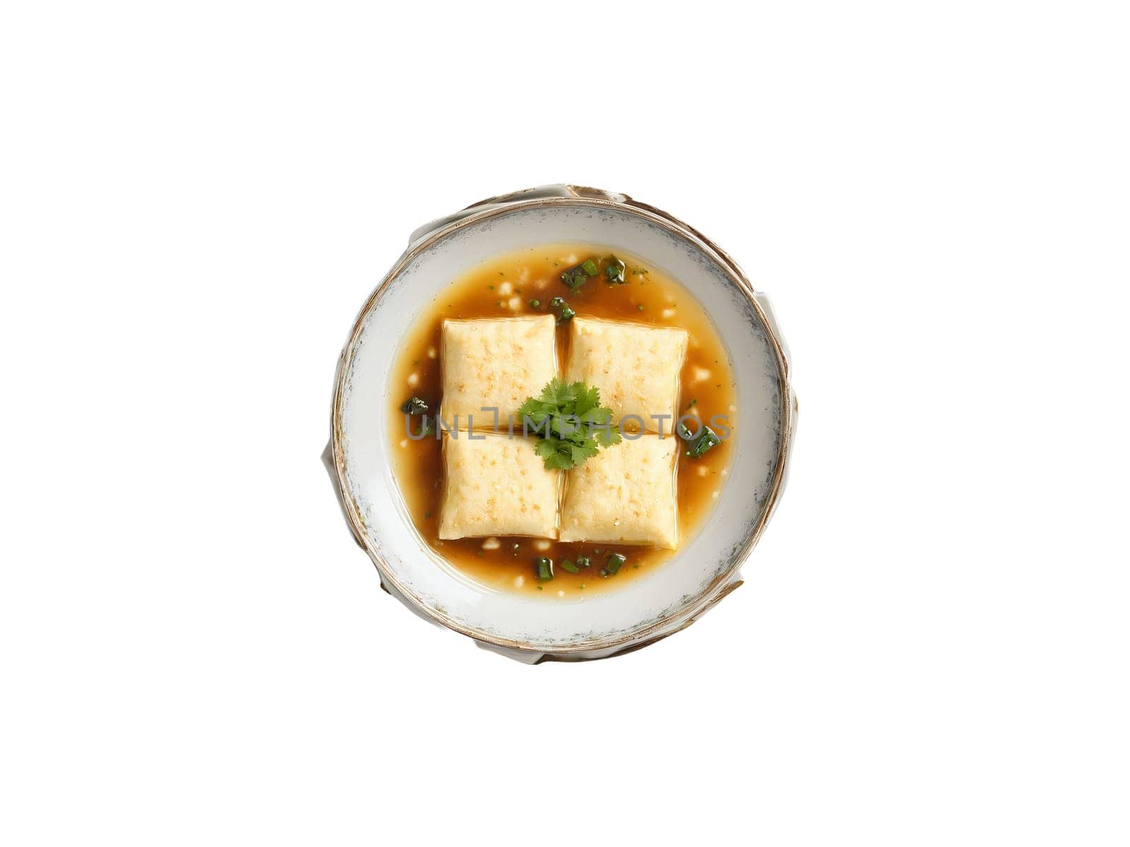 Agedashi Tofu Pockets of tofu fried in a light batter and served in a savory. Food isolated on transparent background.