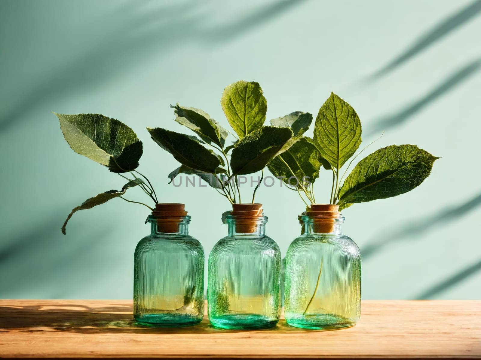 Minimalist skincare packaging apothecary jars green leaves light wood table diffused natural lighting by panophotograph